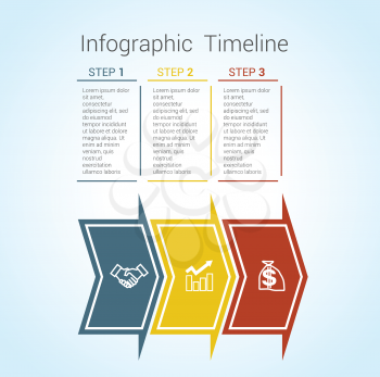 Template Timeline Infographic colored horizontal arrows numbered for three position can be used for workflow, banner, diagram, web design, area chart