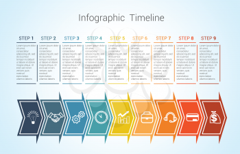 Template Timeline Infographic colored horizontal arrows numbered for nine position can be used for workflow, banner, diagram, web design, area chart