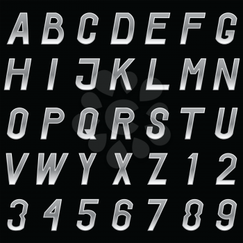 Vector set of grey metal alphabet letters and numbers. 