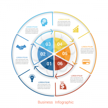 Template infographic six position, steps, parts, with text area, vector illustration colourful in the form of circle parts. Business pie chart diagram data.