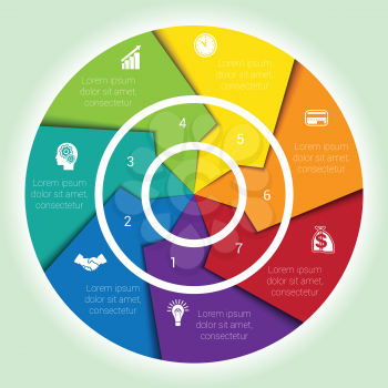 Template cyclic diagramme for Infographic seven position Area chart ring arrows, pie chart