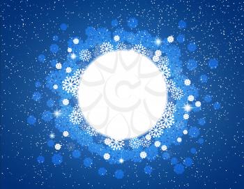 Celebratory dark blue winter background with snowflakes and stars round frame for Christmas design 