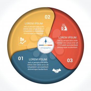 Template infographic three position, steps, parts, with text area, vector illustration colourful in the form of flower petals. Business pie chart diagram data.