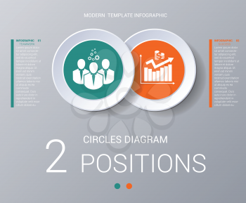 Circles diagram, data Elements For Template infographics 2 positions. Coloured circles are located on a circle with shade. Concept of successful start of project and realization  