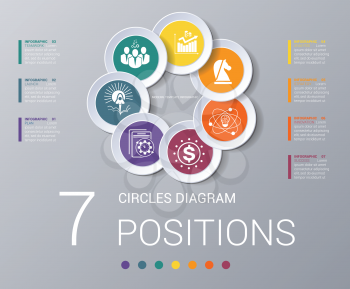 Circles diagram, data Elements For Template infographics 7 positions. Coloured circles are located on a circle with shade. Concept of successful start of project and realization  