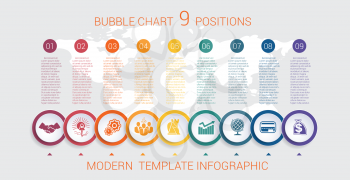Charts business infographic step by step 9 positions colorful bubbles