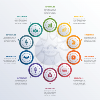 Vector illustration Modern Infographic diagram business steps for 10 options. Colour circles round white circle.