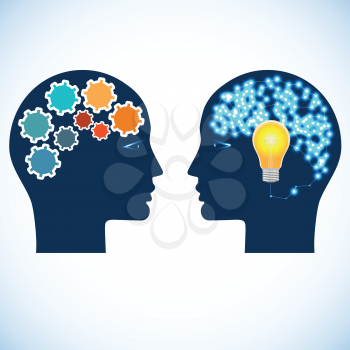 Heads of two people with gears, bulb and abstract brain for concept of idea and teamwork