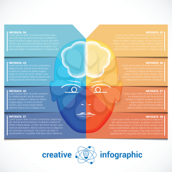 Infographic Template with abstract head, brain, place for text 8 positions, can be used for conceptual banner, diagram, number options.