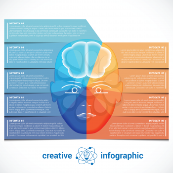  Infographic Template with abstract head, brain, place for text 9 positions, can be used for conceptual banner, diagram, number options.