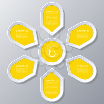 Chart cyclic process  Infographic yellow Points arranged in sun circle,  elements for diagram with 6 steps, options, parts, processes. Universal vector template for presentation and training.