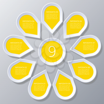 Chart cyclic process  Infographic yellow Points arranged in sun circle,  elements for diagram with 9 steps, options, parts, processes. Universal vector template for presentation and training.