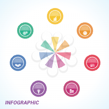 Colourful striped circles, template for infographics seven positions