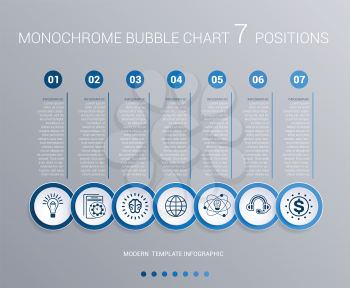 Infographics template for 7 steps. Monochrome Blue bubbles chart, elements for visualization business processes.