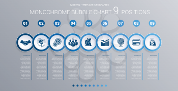 Infographics template for 9 steps. Monochrome Blue bubbles chart, elements for visualization business processes.