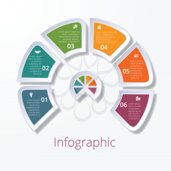 Template infographic, semicircle diagram with six multicolored elements around center. Business strategy. 