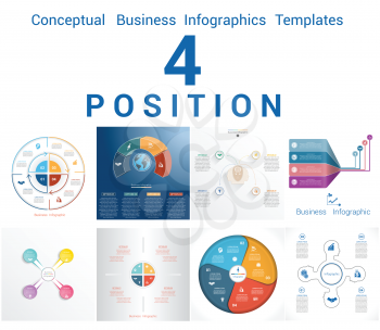 Set Vector Templates Infographics Business Conceptual Cyclic Processes for Four Positions Text Area, Possible to use for Workflow, Banner, Diagram, Web Design, Timeline, Area Chart