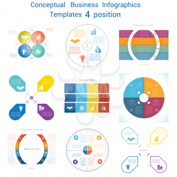 Set Vector templates Infographics business conceptual cyclic processes for four positions text area, possible to use for pie chart, workflow, banner, diagram, web design, timeline, area chart 