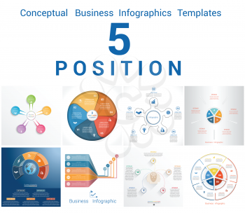 Set Vector Templates Infographics Business Conceptual Cyclic Processes for Five Positions Text Area, Possible to use for Workflow, Banner, Diagram, Web Design, Timeline, Area Chart