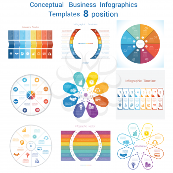 Set templates Infographics business conceptual cyclic processes for eight positions text area, possible to use for pie chart, diagram. Eps file is layered and fully organised, objects are grouped