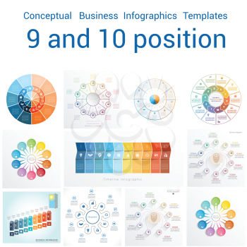 Set Vector templates Infographics business conceptual cyclic processes for nine and ten positions text area, possible to use for workflow, banner, diagram, web design, timeline, area chart 