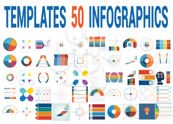 50 Vector Templates for Infographics, pie chart, ring chart, area chart, timeline, list diagram with text areas for four positions.