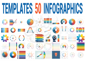 50 Vector Templates for Infographics, pie chart, ring chart, area chart, timeline, list diagram with text areas for eight positions.