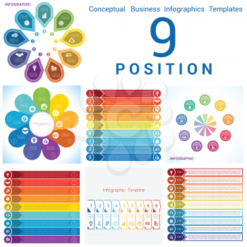 Set Vector templates Infographics business conceptual cyclic processes for nine positions text area, possible to use for pie chart, workflow, banner, diagram, web design, timeline, area chart 