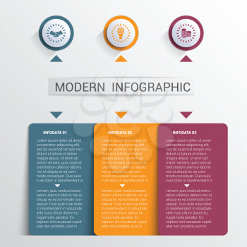 Infographics design template, color buttons and numbered 3 plates shapes, modern website template.