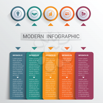 Infographics design template, color buttons and numbered 5 plates shapes, modern website template.