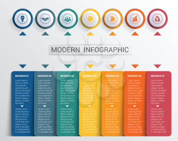 Infographics design template, color buttons and numbered 7 plates shapes, modern website template.