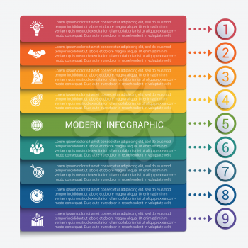 Modern strips infographics 9 options banner for business processes, workflow, diagram, flowcharts