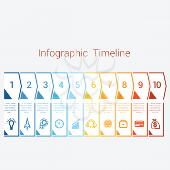 Timeline Infographic colored arrows from lines. Area chart Business Infographic template with text areas for ten position, Eps file is layered and fully organised, objects are grouped