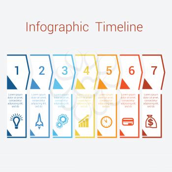 Timeline Infographic colored arrows from lines. Area chart Business Infographic template with text areas for seven position, Eps file is layered and fully organised, objects are grouped