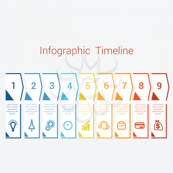 Timeline Infographic colored arrows from lines. Area chart Business Infographic template with text areas for nine position, Eps file is layered and fully organised, objects are grouped