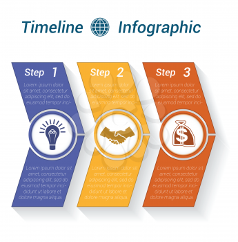Template Timeline Infographic from colour arrows numbered for 3 position can be used for workflow, banner, diagram, web design, area chart