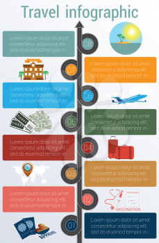 Tourism and travel concept infographic. Template 8 positions. Motorway, passports, visa stamp, card, point, syringe, medical set, dollars,suitcase, tickets, jet, hotel, island, palm, sea, sun, sky  