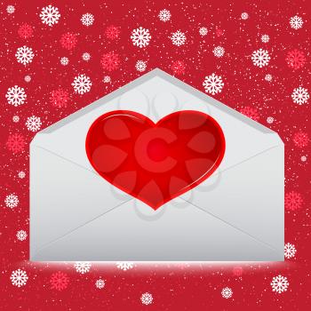 Red Heart on envelope with snow on red background.