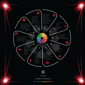 Business chart for presentations. Circle Lines Infographic 10 Positions dark background with red light