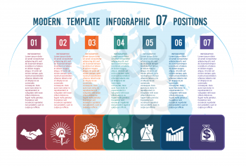 Charts business infographic template step by step Colour squares with columns for the text on a world map 07 positions