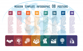 Charts business infographic template step by step Colour squares with columns for the text on a world map 08 positions