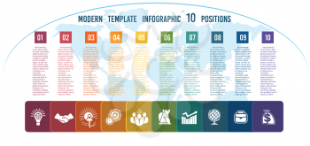 Charts business infographic template step by step Colour squares with columns for the text on a world map 10 positions 