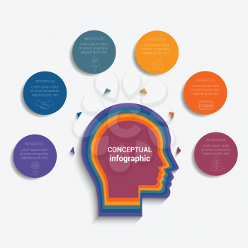 Circles with the text  around the head of person, template for conceptual infographics 6 positions
