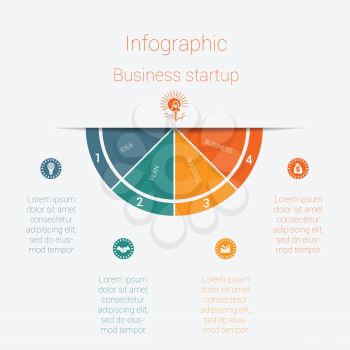 Vector semicircle template infographics startup business concept with 4 parts, options, steps, illustration for cyclical diagram, pie chart, area chart, business presentation, web design