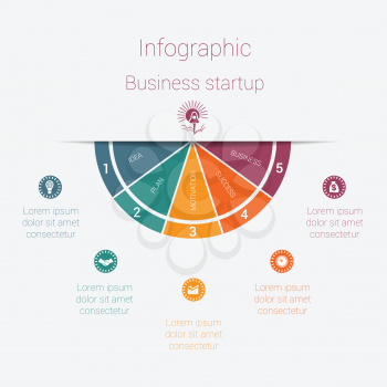 Vector semicircle template infographics startup business concept with 5 parts, options, steps, illustration for cyclical diagram, pie chart, area chart, business presentation, web design