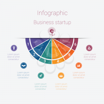 Vector semicircle template infographics startup business concept with 6 parts, options, steps, illustration for cyclical diagram, pie chart, area chart, business presentation, web design