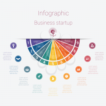 Vector semicircle template infographics startup business concept with 9 parts, options, steps, illustration for cyclical diagram, pie chart, area chart, business presentation, web design