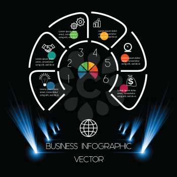 Best Chart Template 6 position for information on dark background. Business infographic for presentations.
