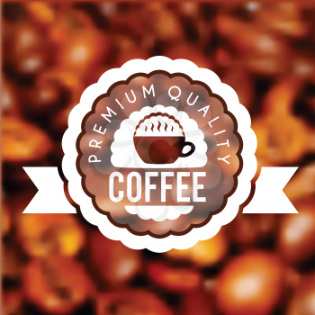 Cup of fresh hot coffee with scent. Vector label on the blur coffee texture