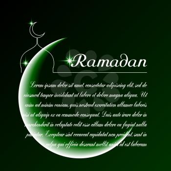 Template vector with moon, mosque, stars, dark green background with inscription Ramadan.